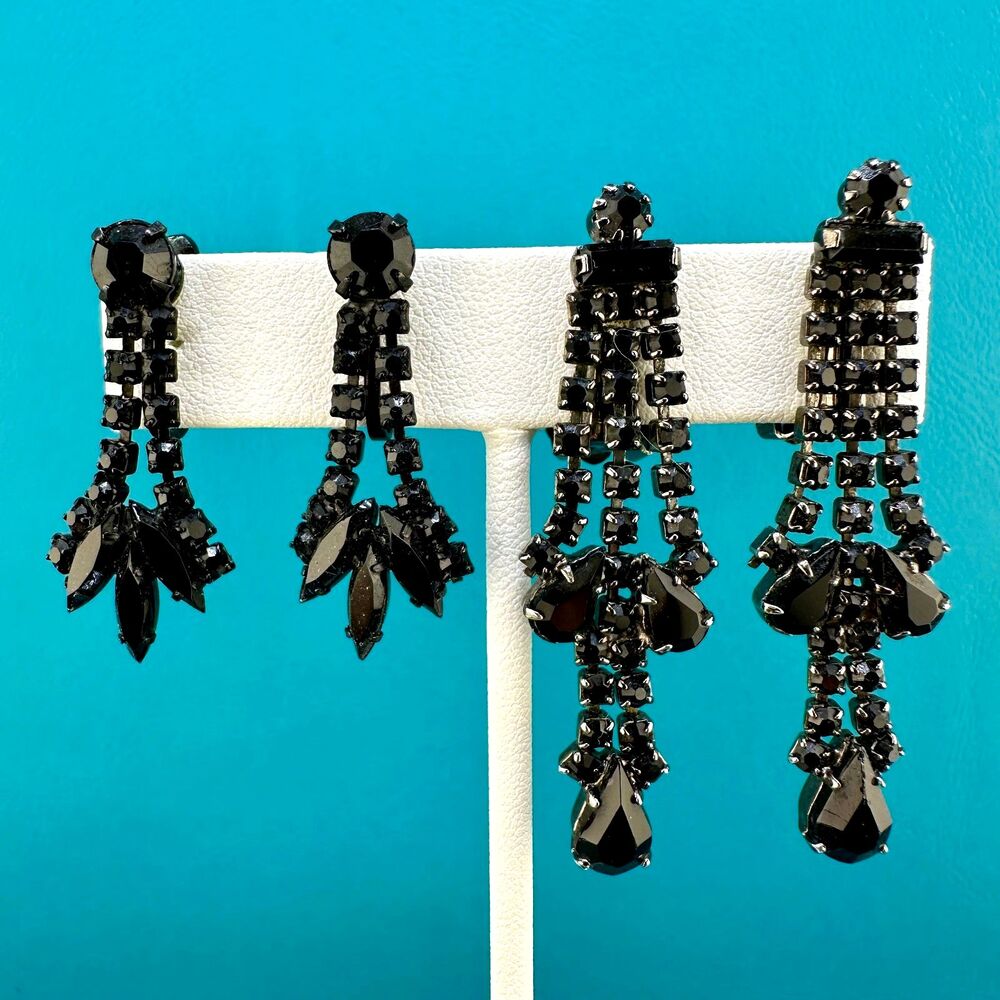 Vintage Black Rhinestone Earrings Lot Dangle Clip Mourning Jewelry Gothic Chic